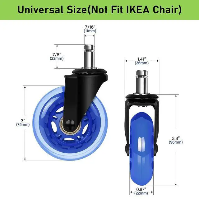 Alt view image 5 of 7 - 3" Office Chair Caster Wheels Standard Stem 7/16" Mute Rolling