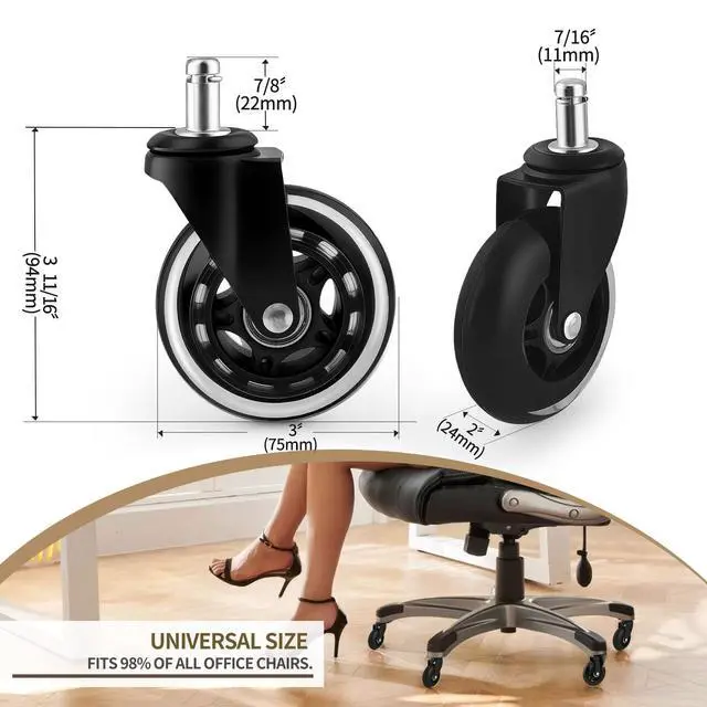 Alt view image 3 of 7 - Office Chair Wheels,3 Inch Rubber Caster Wheels Replacement