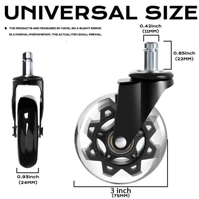 Alt view image 2 of 7 - Office Chair Caster Wheels Set of 5, 3 Inch Heavy-Duty Rubber Chair Casters Replacement, Computer Gaming Desk Caster Wheels Smooth Rolling for Hardwood Carpet Tile Floors, 11X22mm Universal fit(Black)