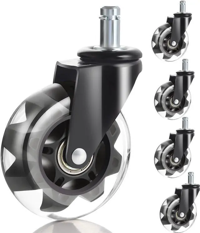 Main image of Office Chair Caster Wheels Set of 5, 3 Inch Heavy-Duty Rubber Chair Casters Replacement, Computer Gaming Desk Caster Wheels Smooth Rolling for Hardwood Carpet Tile Floors, 11X22mm Universal fit(Black)