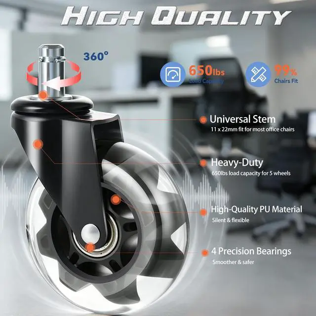 Alt view image 3 of 7 - Office Chair Caster Wheels Set of 5, 3 Inch Heavy-Duty Rubber Chair Casters Replacement, Computer Gaming Desk Caster Wheels Smooth Rolling for Hardwood Carpet Tile Floors, 11X22mm Universal fit(Black)