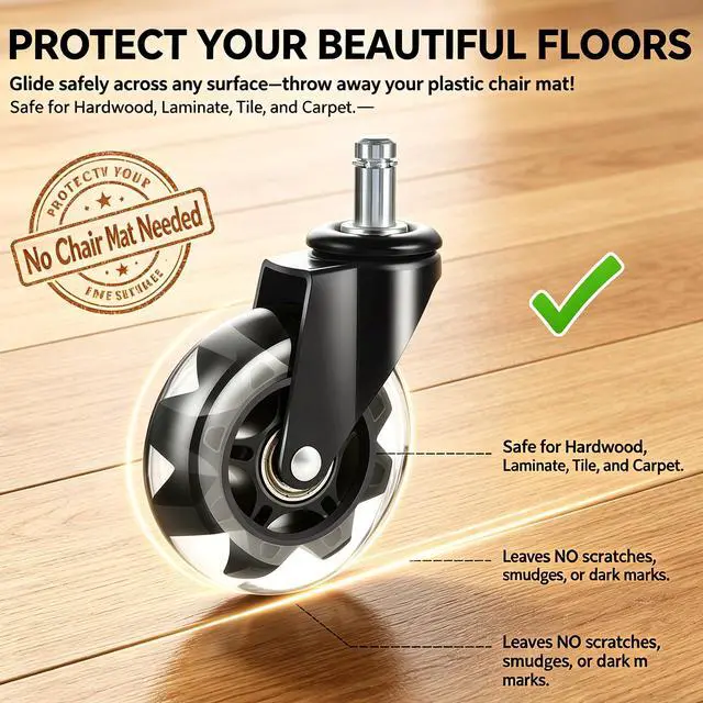 Alt view image 7 of 7 - Office Chair Caster Wheels Set of 5, 3 Inch Heavy-Duty Rubber Chair Casters Replacement, Computer Gaming Desk Caster Wheels Smooth Rolling for Hardwood Carpet Tile Floors, 11X22mm Universal fit(Black)