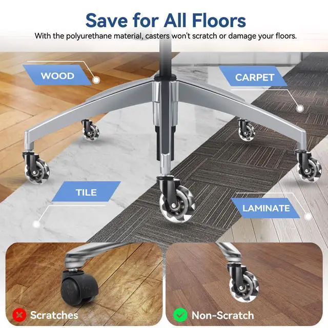 Alt view image 5 of 7 - Office Chair Caster Wheels Set of 5, 3 Inch Heavy-Duty Rubber Chair Casters Replacement, Computer Gaming Desk Caster Wheels Smooth Rolling for Hardwood Carpet Tile Floors, 11X22mm Universal fit(Black)