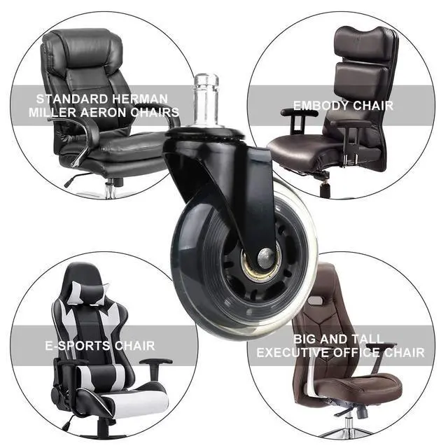Alt view image 5 of 7 - Office Chair Caster Replacement Wheel for Hardwood Floor and Carpet, Heavy Duty Universal Floor Safe Caster Set of 5,Rubber Wheels Office Chair to Replace Office Chair mats,fits 98% Chairs