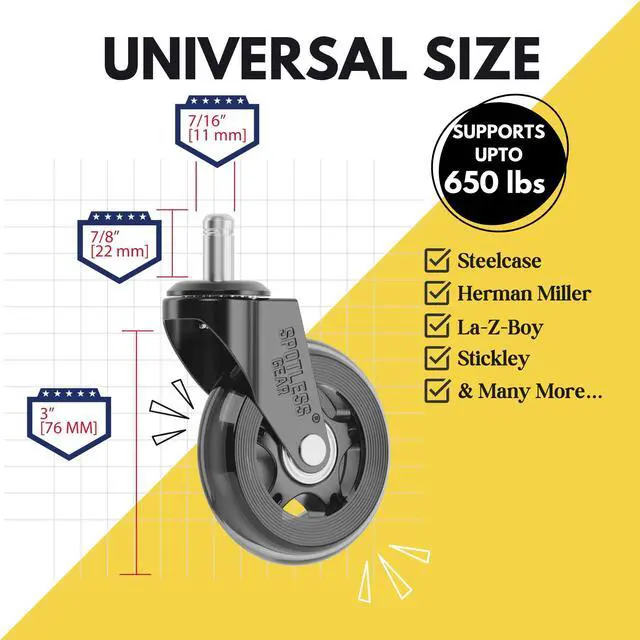 Alt view image 3 of 7 - Office Chair Caster Wheels Gaming Chair 3 inch Replacement Rubber Chair Casters for Hardwood Floors & Carpet - Smooth & Quiet - Desk Chair Casters - Set of 5