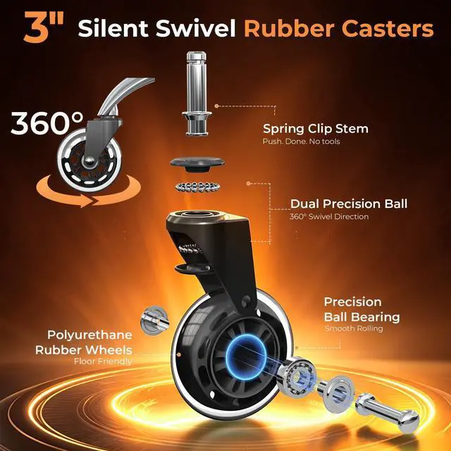 Alt view image 2 of 7 - Office Chair Wheels for Casters Replacement - 3" Rubber Wheels for Computer Gaming Desk Caster Smooth & Safe Rolling for All Floors Including Hardwood and Carpet - Set of 5 - Modern