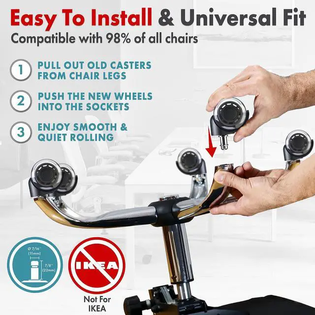 Alt view image 6 of 7 - Office Chair Wheels Replacement Set of 5 - Dual 2 Inch Soft Chair Casters for Hardwood Vinyl Tile - Heavy Duty & Safe for All Floors - Fits 98% of Computer Gaming & Office Chairs - Black