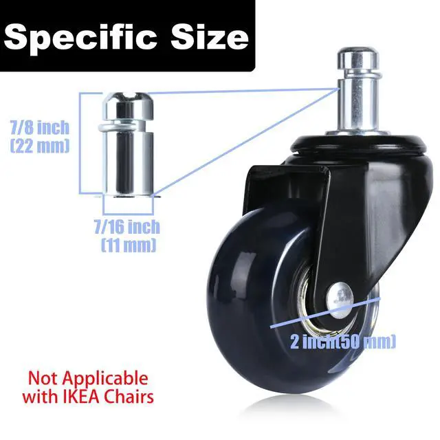 Alt view image 2 of 7 - Office Chair Caster Wheels 2" Replacement Rubber Chair Casters Set of 5 Best Protection for Hardwood Floors Carpet Mat Universal Fit Smooth & Silent