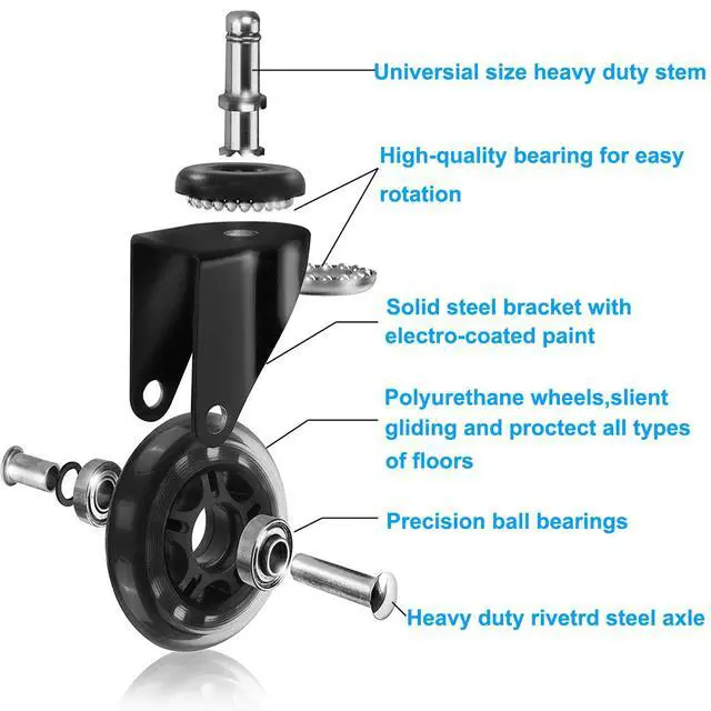 Alt view image 7 of 7 - Office Chair Caster Wheels 2" Replacement Rubber Chair Casters Set of 5 Best Protection for Hardwood Floors Carpet Mat Universal Fit Smooth & Silent