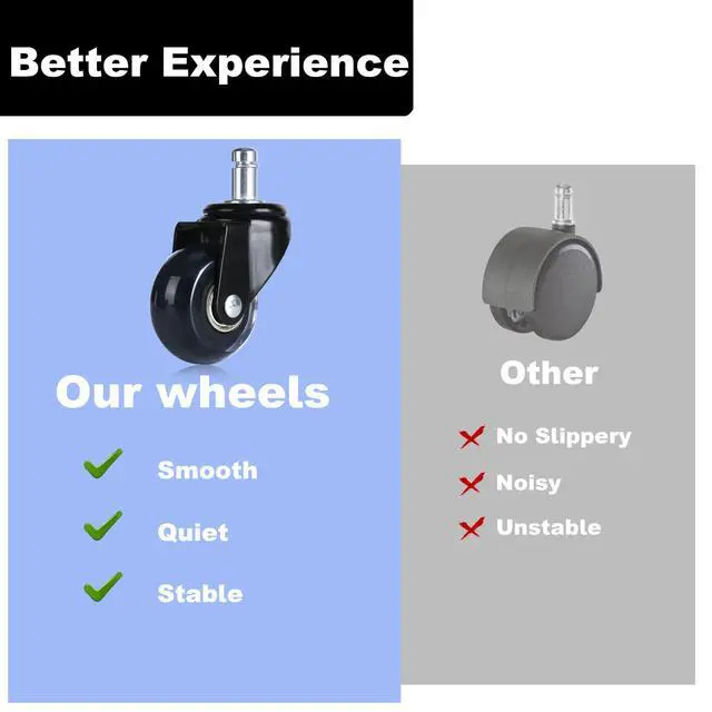 Alt view image 6 of 7 - Office Chair Caster Wheels 2" Replacement Rubber Chair Casters Set of 5 Best Protection for Hardwood Floors Carpet Mat Universal Fit Smooth & Silent