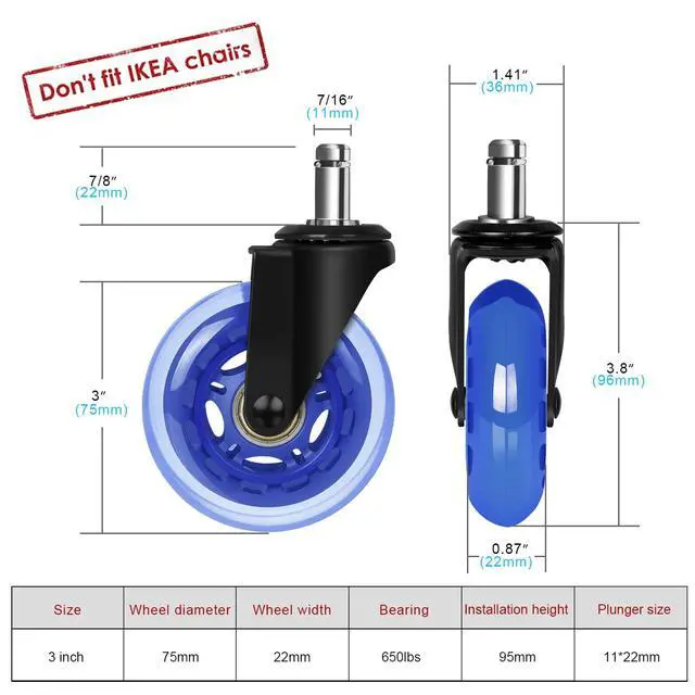 Alt view image 2 of 6 - 3" Office Chair Caster Durable PU Wheel Replacement Set of 5 Blue