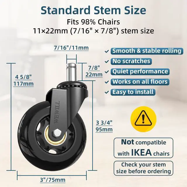 Alt view image 3 of 7 - Office Chair Wheels - Rubber Casters Replacement Universal Fit 98% Chair(Set of 5) Heavy Duty 3 Inch Smoothly & Quietly Safe for All Floor, Hardwood, Tile, Carpet, Noise Free - Black