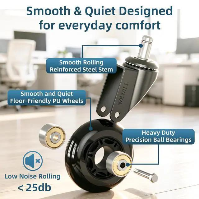 Alt view image 5 of 7 - Office Chair Wheels - Rubber Casters Replacement Universal Fit 98% Chair(Set of 5) Heavy Duty 3 Inch Smoothly & Quietly Safe for All Floor, Hardwood, Tile, Carpet, Noise Free - Black