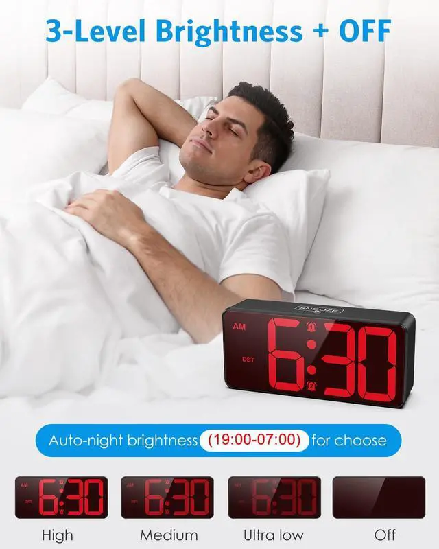 Alt view image 2 of 7 - Digital Clock for Bedroom, Battery Powered Bedside Alarm Clock with 4 Adjustable Brightness, 3 Adjustable Volume, Night Mode, DST, 12/24H, Dual Alarm Desk Clock for Seniors, Kids, Teens
