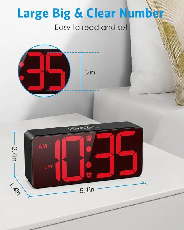 Alt view image 3 of 7 - Digital Clock for Bedroom, Battery Powered Bedside Alarm Clock with 4 Adjustable Brightness, 3 Adjustable Volume, Night Mode, DST, 12/24H, Dual Alarm Desk Clock for Seniors, Kids, Teens