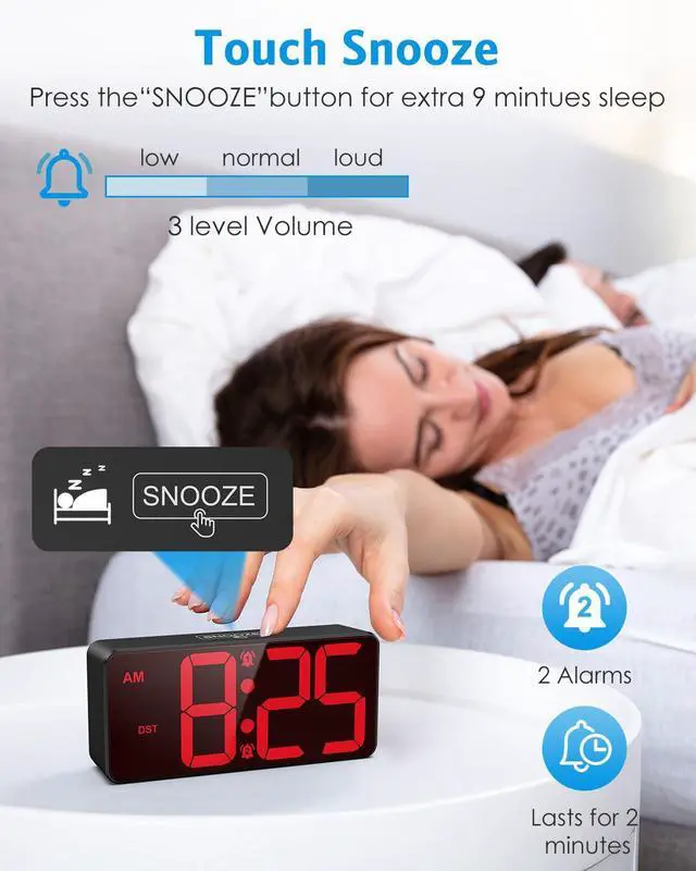 Alt view image 4 of 7 - Digital Clock for Bedroom, Battery Powered Bedside Alarm Clock with 4 Adjustable Brightness, 3 Adjustable Volume, Night Mode, DST, 12/24H, Dual Alarm Desk Clock for Seniors, Kids, Teens