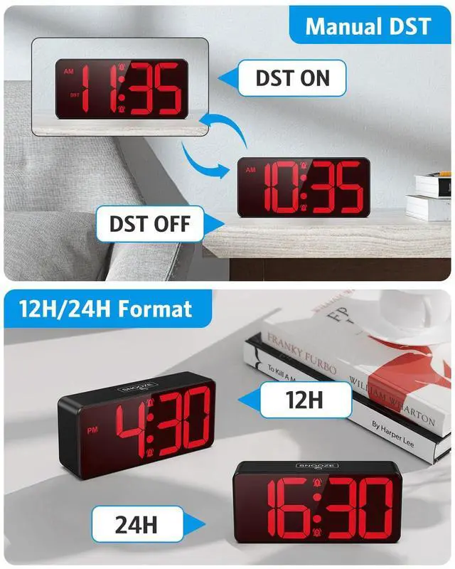 Alt view image 5 of 7 - Digital Clock for Bedroom, Battery Powered Bedside Alarm Clock with 4 Adjustable Brightness, 3 Adjustable Volume, Night Mode, DST, 12/24H, Dual Alarm Desk Clock for Seniors, Kids, Teens