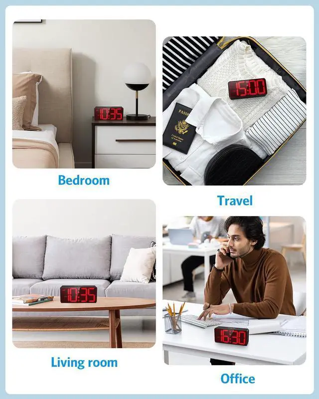 Alt view image 7 of 7 - Digital Clock for Bedroom, Battery Powered Bedside Alarm Clock with 4 Adjustable Brightness, 3 Adjustable Volume, Night Mode, DST, 12/24H, Dual Alarm Desk Clock for Seniors, Kids, Teens