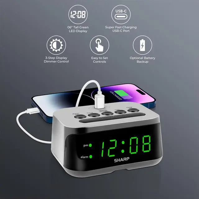 Alt view image 2 of 5 - Digital Alarm Clock with Super Fast USB-C Charge Port & Green LED Display