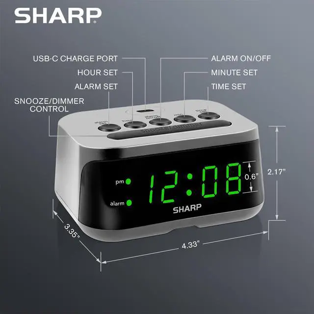 Alt view image 4 of 5 - Digital Alarm Clock with Super Fast USB-C Charge Port & Green LED Display