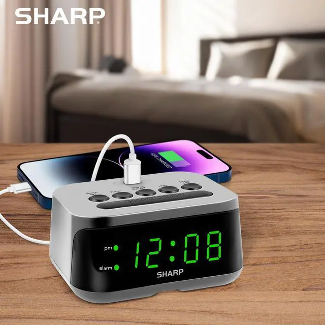 Alt view image 5 of 5 - Digital Alarm Clock with Super Fast USB-C Charge Port & Green LED Display