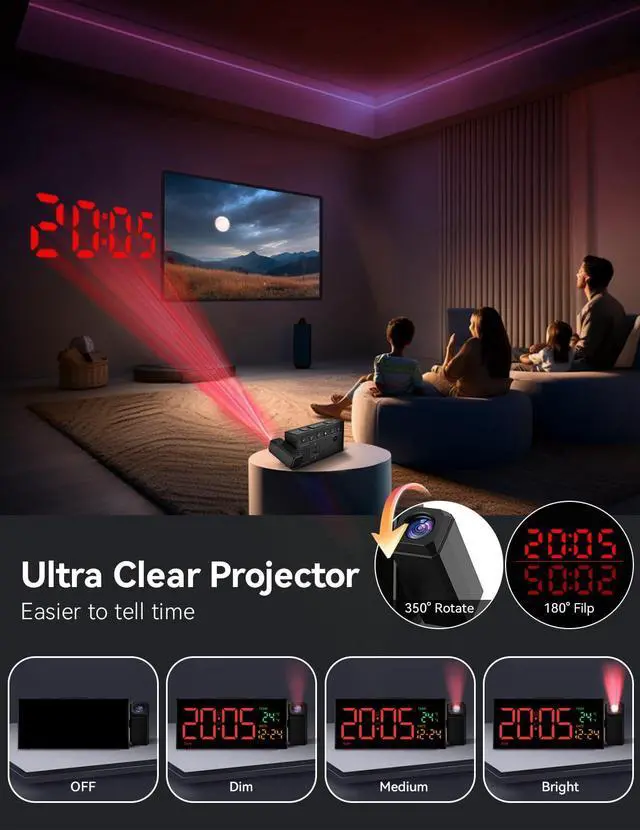 Alt view image 2 of 7 - Projection Clock for Bedroom Ceiling, Alarm Clocks with 180° Rotatable Projector, Date Temperature and Weekday, Manual DST, 5 Brightness, 10 Ringtones, 4 Volumes and Snooze