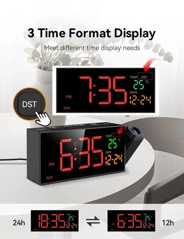 Alt view image 6 of 7 - Projection Clock for Bedroom Ceiling, Alarm Clocks with 180° Rotatable Projector, Date Temperature and Weekday, Manual DST, 5 Brightness, 10 Ringtones, 4 Volumes and Snooze