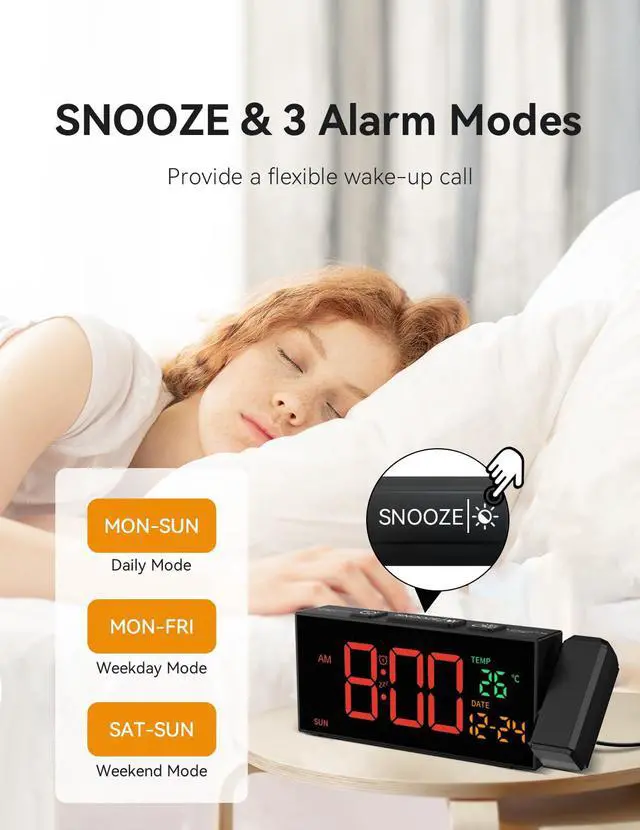 Alt view image 5 of 7 - Projection Clock for Bedroom Ceiling, Alarm Clocks with 180° Rotatable Projector, Date Temperature and Weekday, Manual DST, 5 Brightness, 10 Ringtones, 4 Volumes and Snooze