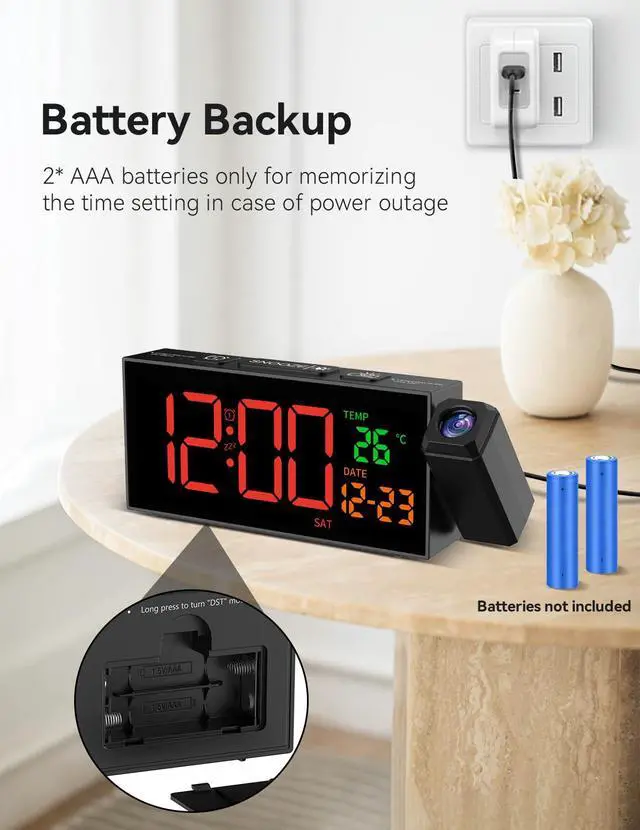 Alt view image 7 of 7 - Projection Clock for Bedroom Ceiling, Alarm Clocks with 180° Rotatable Projector, Date Temperature and Weekday, Manual DST, 5 Brightness, 10 Ringtones, 4 Volumes and Snooze