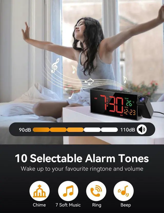 Alt view image 3 of 7 - Projection Clock for Bedroom Ceiling, Alarm Clocks with 180° Rotatable Projector, Date Temperature and Weekday, Manual DST, 5 Brightness, 10 Ringtones, 4 Volumes and Snooze