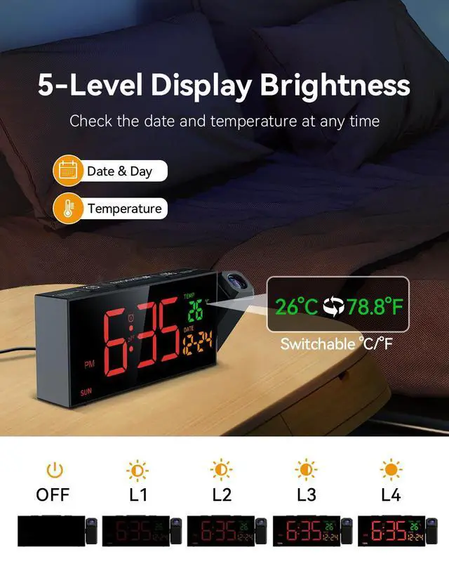 Alt view image 4 of 7 - Projection Clock for Bedroom Ceiling, Alarm Clocks with 180° Rotatable Projector, Date Temperature and Weekday, Manual DST, 5 Brightness, 10 Ringtones, 4 Volumes and Snooze