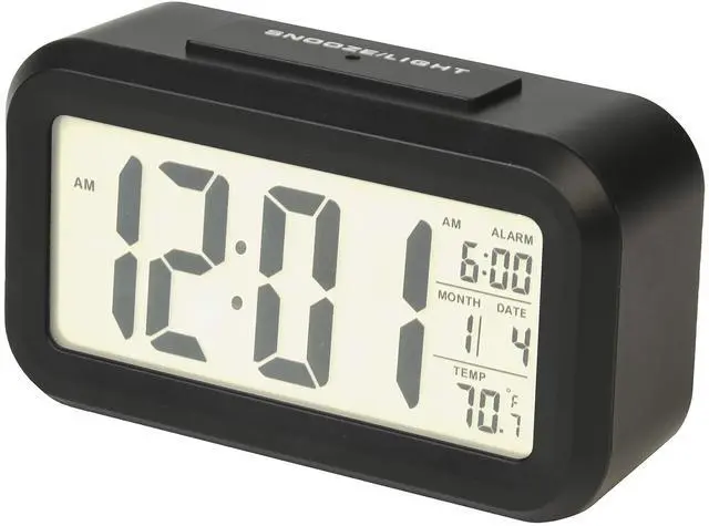 Main image of Portable Alarm Clock with Auto Night Light Sensor, Adjustable Brightness, Indoor Temperature Display, Full Calendar with 12 or 24 Hour Options