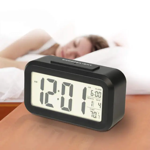 Alt view image 3 of 3 - Portable Alarm Clock with Auto Night Light Sensor, Adjustable Brightness, Indoor Temperature Display, Full Calendar with 12 or 24 Hour Options