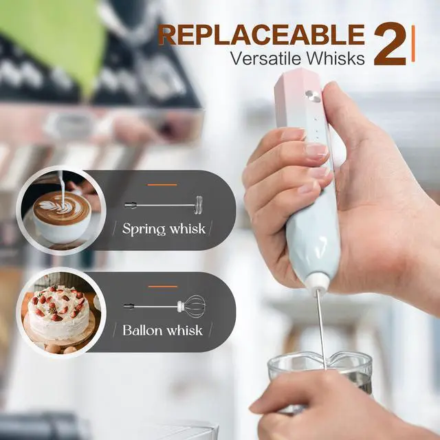 Alt view image 3 of 7 - Milk Frother Rechargeable Handheld Electric Whisk Coffee Frother Mixer with 2 Stainless whisks 3 Speed Adjustable Foam Maker Blender for Coffee Matcha Latte Cappuccino Hot Chocolate (BluePink)