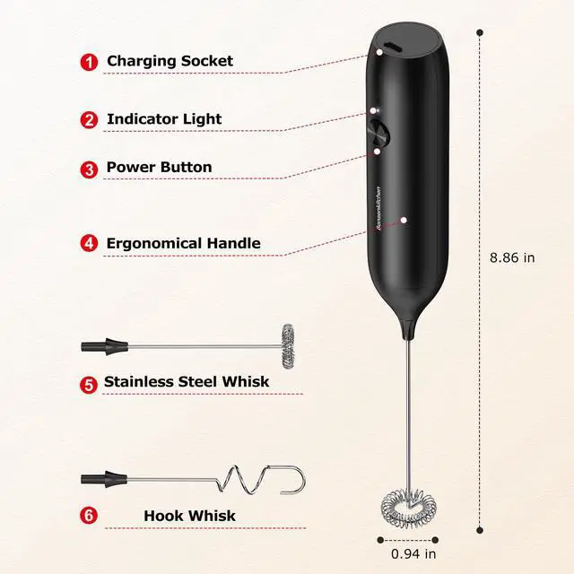 Alt view image 6 of 7 - Rechargeable Milk Frother Handheld, Electric Foam Maker with Stainless Steel Whisk, Charging USB-C, Portable Hand Wand Drink Mixer for Coffee Matcha Lattes Cappuccino, Kitchen Gifts