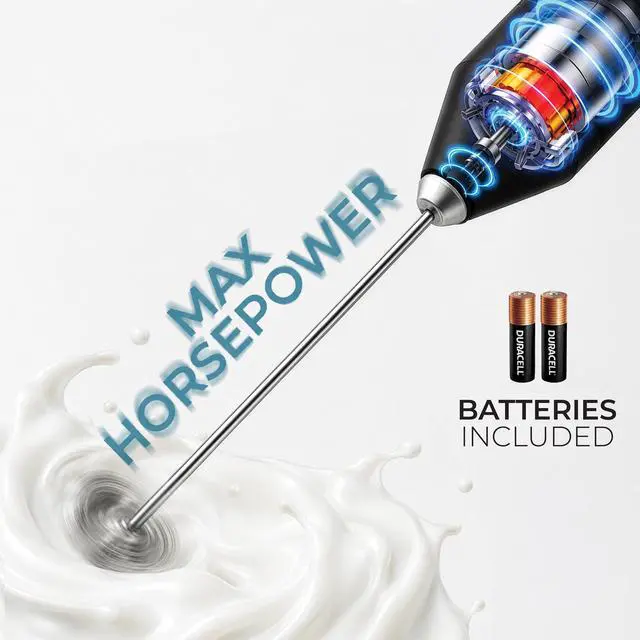 Alt view image 3 of 7 - Powerful Milk Frother Handheld Wand - Drink Mixer with Stainless Steel Whisk Stirrer for Coffee, Lattes, Matcha & More, Frother for Protein Powder Whisker - AA Batteries Included - Black
