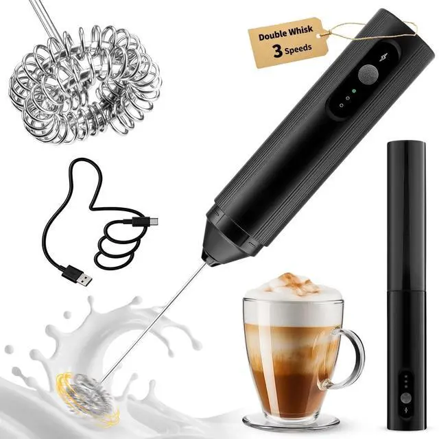 Main image of Rechargeable Milk Frother Handheld with Travel Cover, 3-Speed Adjustable Electric Whisk for Coffee, Latte, Cappuccino, Matcha, Powerful Dual Coil Foam Maker, USB-C Charging Drink Mixer Wand