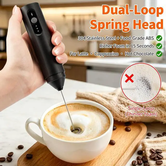 Alt view image 2 of 7 - Rechargeable Milk Frother Handheld with Travel Cover, 3-Speed Adjustable Electric Whisk for Coffee, Latte, Cappuccino, Matcha, Powerful Dual Coil Foam Maker, USB-C Charging Drink Mixer Wand
