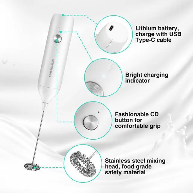 Alt view image 5 of 6 - Powerful Rechargeable Milk Frother Wand, Handheld Electric Foam Maker, Drink Mixer with Detachable Stainless Steel Whisk for Coffee Latte, Cappuccino, Matcha, No Stand, White