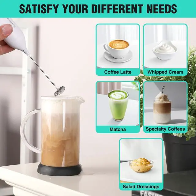 Alt view image 4 of 6 - Powerful Rechargeable Milk Frother Wand, Handheld Electric Foam Maker, Drink Mixer with Detachable Stainless Steel Whisk for Coffee Latte, Cappuccino, Matcha, No Stand, White