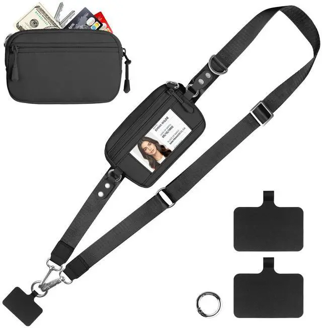 Main image of Clip and Go Strap for Phone with Wallet Crossbody, Adjustable & Detachable Phone Lanyard with RFID Wristlet Wallet, ID Window, Zipper, Universal Phone Strap for All Phones, Black (M)