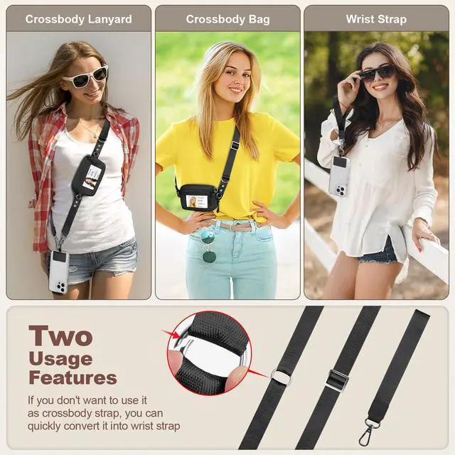 Alt view image 2 of 7 - Clip and Go Strap for Phone with Wallet Crossbody, Adjustable & Detachable Phone Lanyard with RFID Wristlet Wallet, ID Window, Zipper, Universal Phone Strap for All Phones, Black (M)
