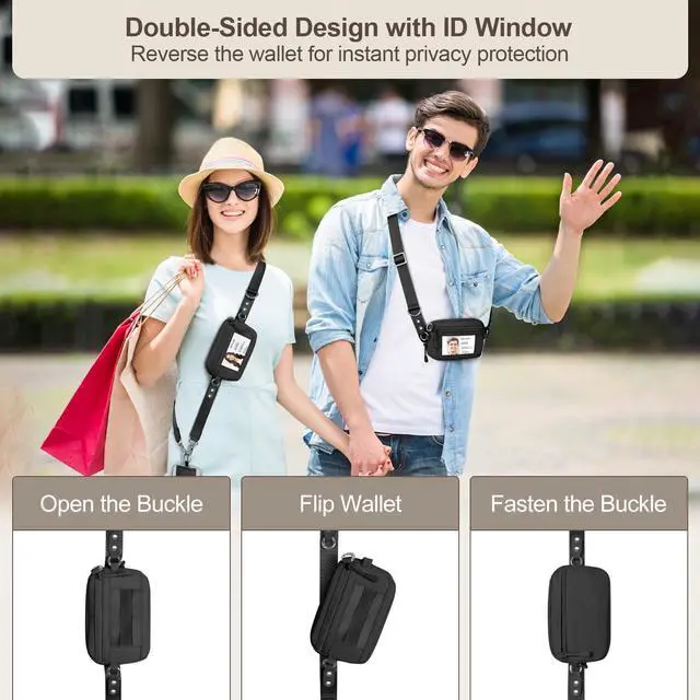 Alt view image 3 of 7 - Clip and Go Strap for Phone with Wallet Crossbody, Adjustable & Detachable Phone Lanyard with RFID Wristlet Wallet, ID Window, Zipper, Universal Phone Strap for All Phones, Black (M)