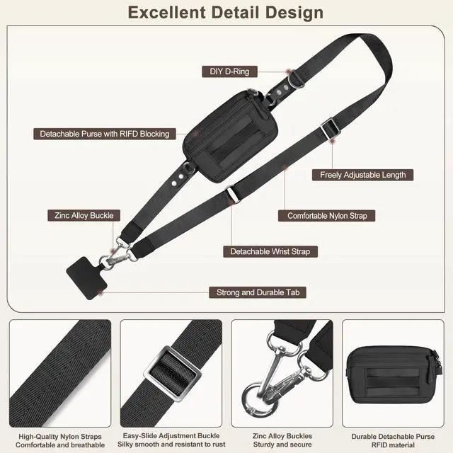 Alt view image 4 of 7 - Clip and Go Strap for Phone with Wallet Crossbody, Adjustable & Detachable Phone Lanyard with RFID Wristlet Wallet, ID Window, Zipper, Universal Phone Strap for All Phones, Black (M)