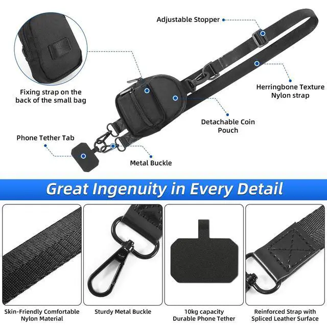 Alt view image 3 of 7 - Clip and Go Strap for Phone with Wallet Crossbody, Adjustable Phone Lanyard with Cell Phone Wrist Strap & Tether Tab for Women & Men, Sport-Style, Black