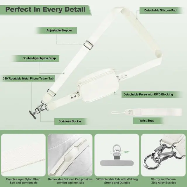 Alt view image 4 of 7 - Clip and Go Strap for Phone with Wallet Crossbody, Adjustable Phone Lanyard with Detachable RFID Wristlet Wallet & Ultra-Thin 360° Rotatable Metal Tabs for All Smartphones (Cream)