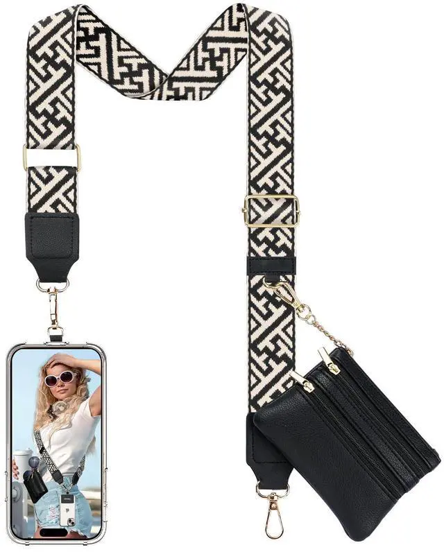 Main image of Clip and Go Phone Strap Crossbody with Leather Wallet, Adjustable Anti-Theft Lanyard with Zippered Pouch, Universal Cell Phone Neck Lanyard for Most Smartphone Cases, Black Striped
