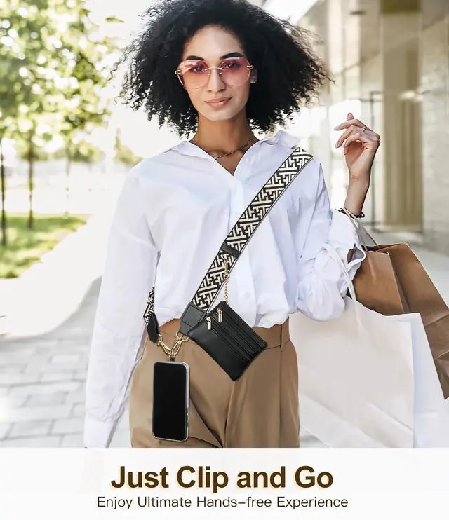 Alt view image 2 of 7 - Clip and Go Phone Strap Crossbody with Leather Wallet, Adjustable Anti-Theft Lanyard with Zippered Pouch, Universal Cell Phone Neck Lanyard for Most Smartphone Cases, Black Striped