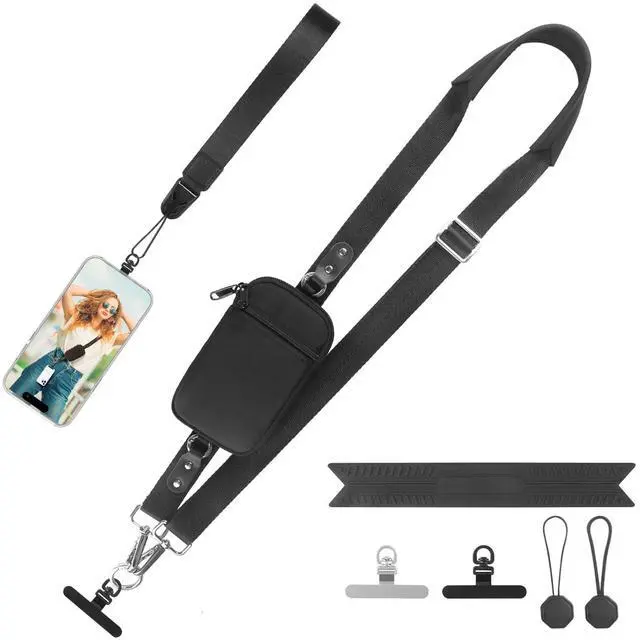 Main image of Clip and Go Strap for Phone With Wallet Crossbody (Detachable RFID Wallet) - Adjustable Phone Strap w/Soft Silicone Pad, Universal Phone Lanyard with 360° Rotatable Tether Tabs for All Phones