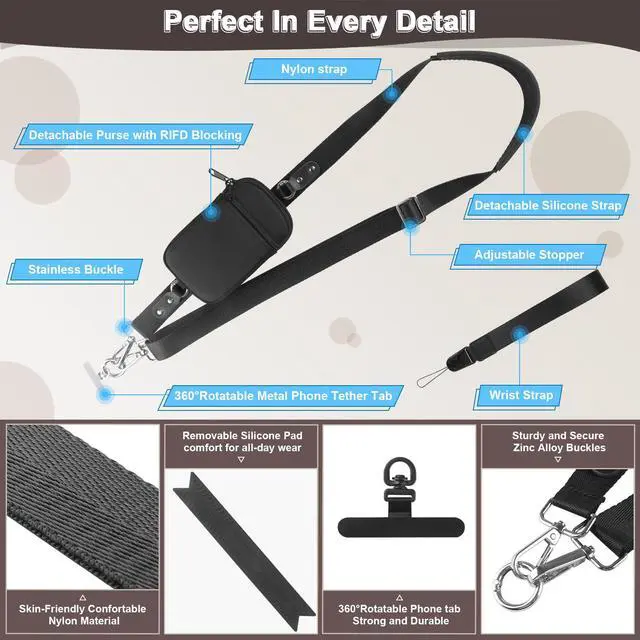 Alt view image 4 of 7 - Clip and Go Strap for Phone With Wallet Crossbody (Detachable RFID Wallet) - Adjustable Phone Strap w/Soft Silicone Pad, Universal Phone Lanyard with 360° Rotatable Tether Tabs for All Phones